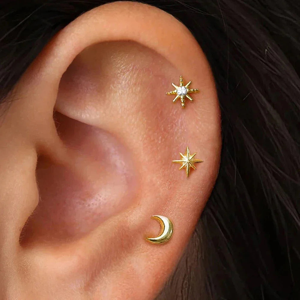 Gold Crescent Moon and Stars Stud Earrings