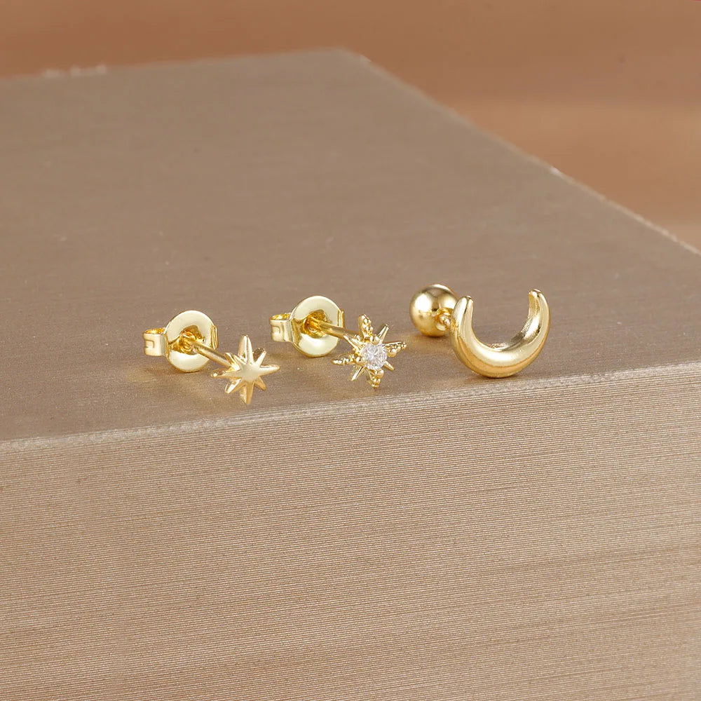 Gold Crescent Moon and Stars Stud Earrings