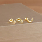 Gold Crescent Moon and Stars Stud Earrings