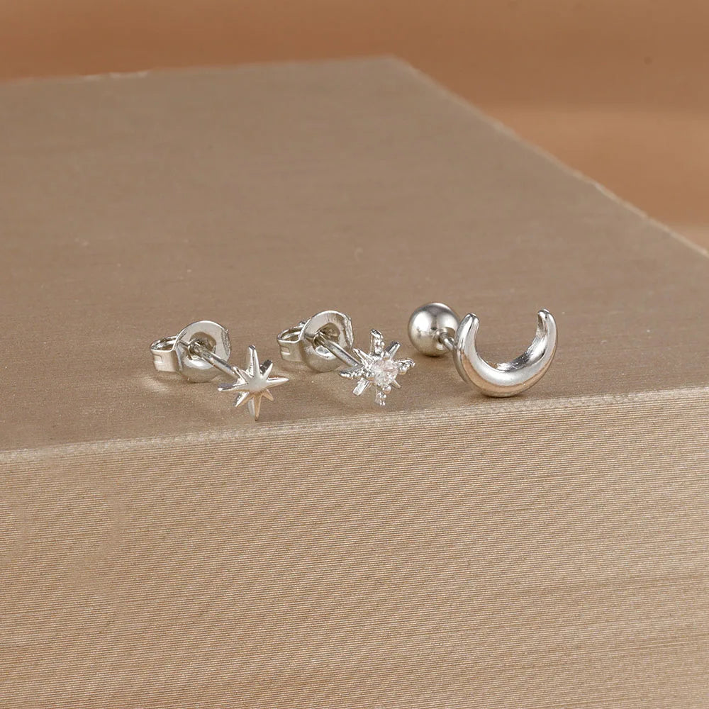 Silver Crescent Moon and Stars Stud Earrings