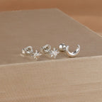Silver Crescent Moon and Stars Stud Earrings