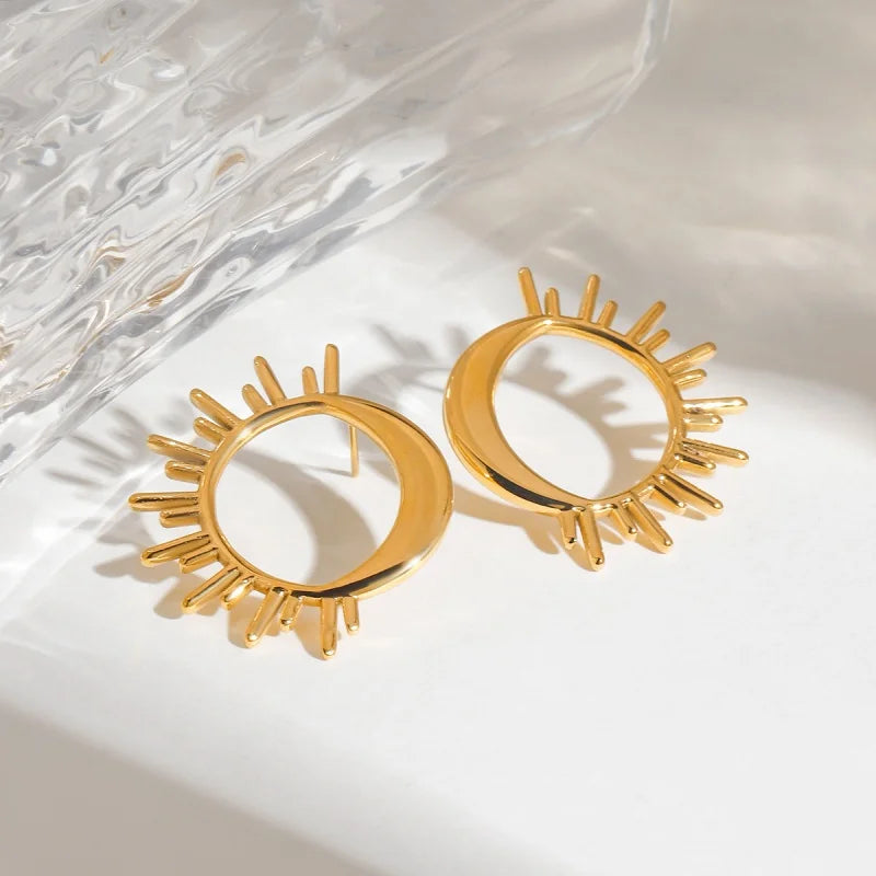 Moon Crescent and Sun Stud Earrings gold