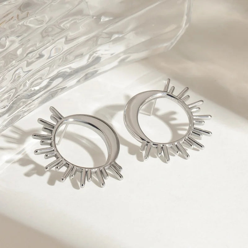 Moon Crescent and Sun Stud Earrings silver