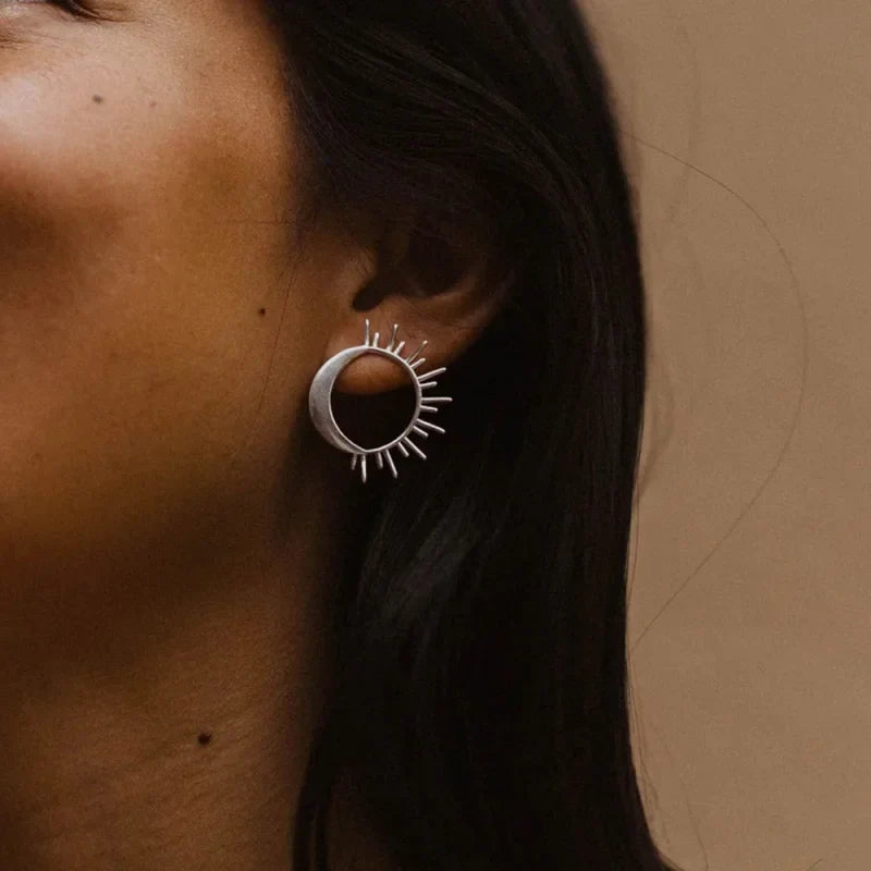 Moon Crescent and Sun Stud Earrings silver