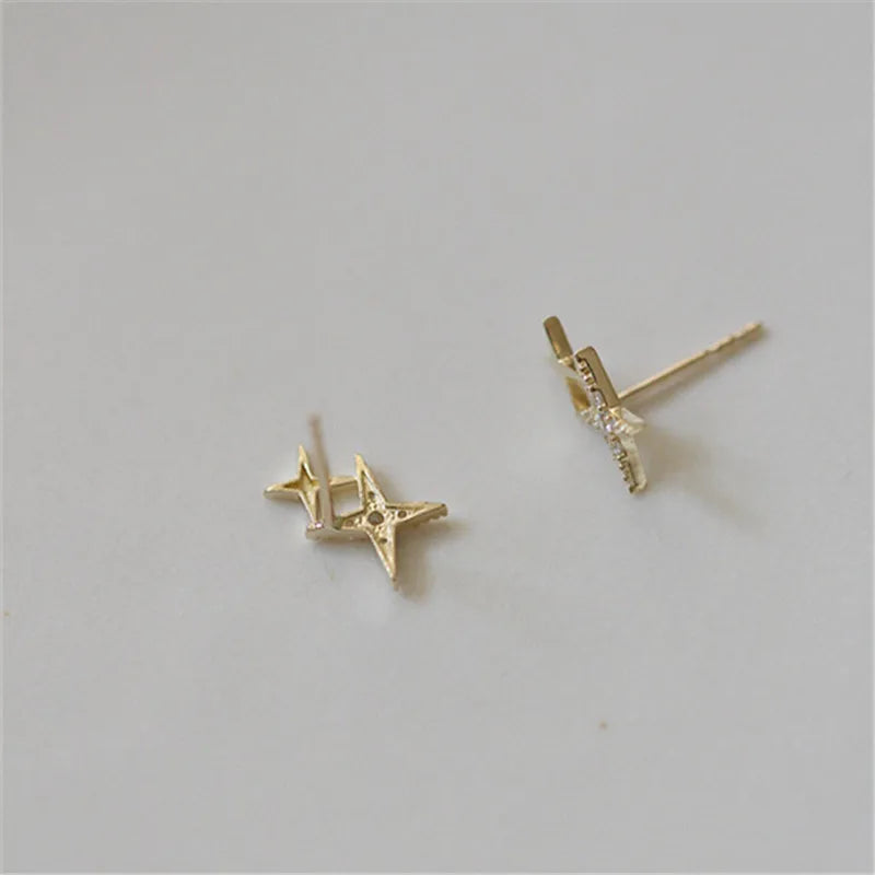 Double Star Stud Earrings with Gold Zircon