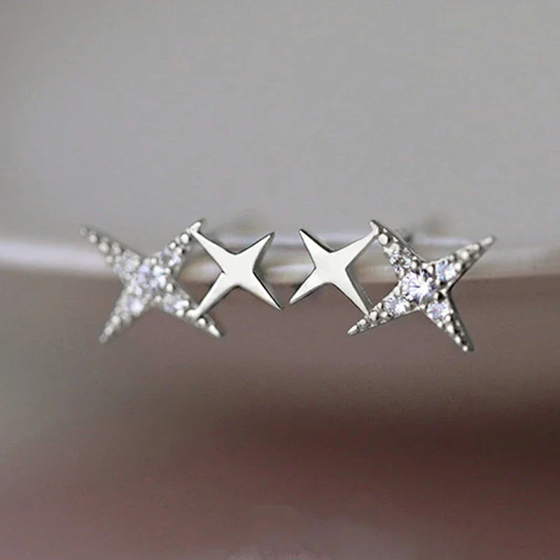 Double Star Stud Earrings with Silver Zircon