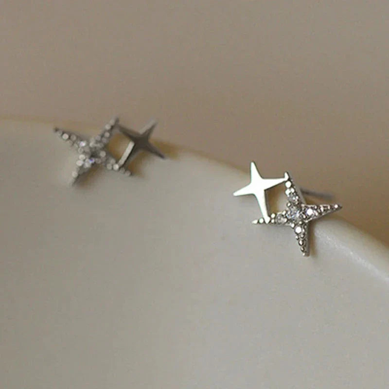Double Star Stud Earrings with Silver Zircon