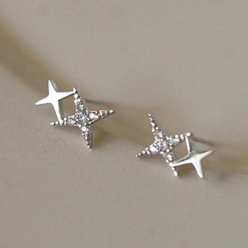 Double Star Stud Earrings with Silver Zircon