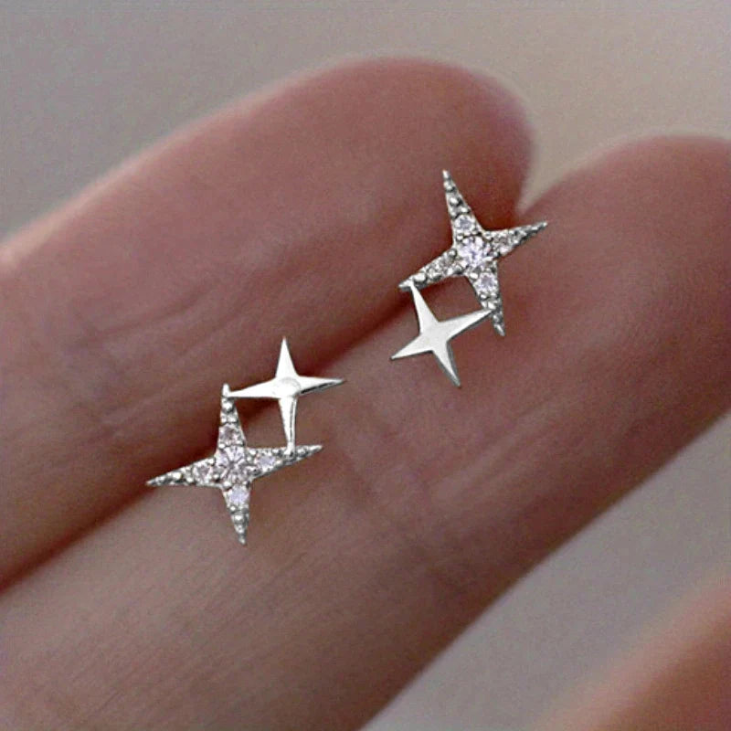 Double Star Stud Earrings with Silver Zircon