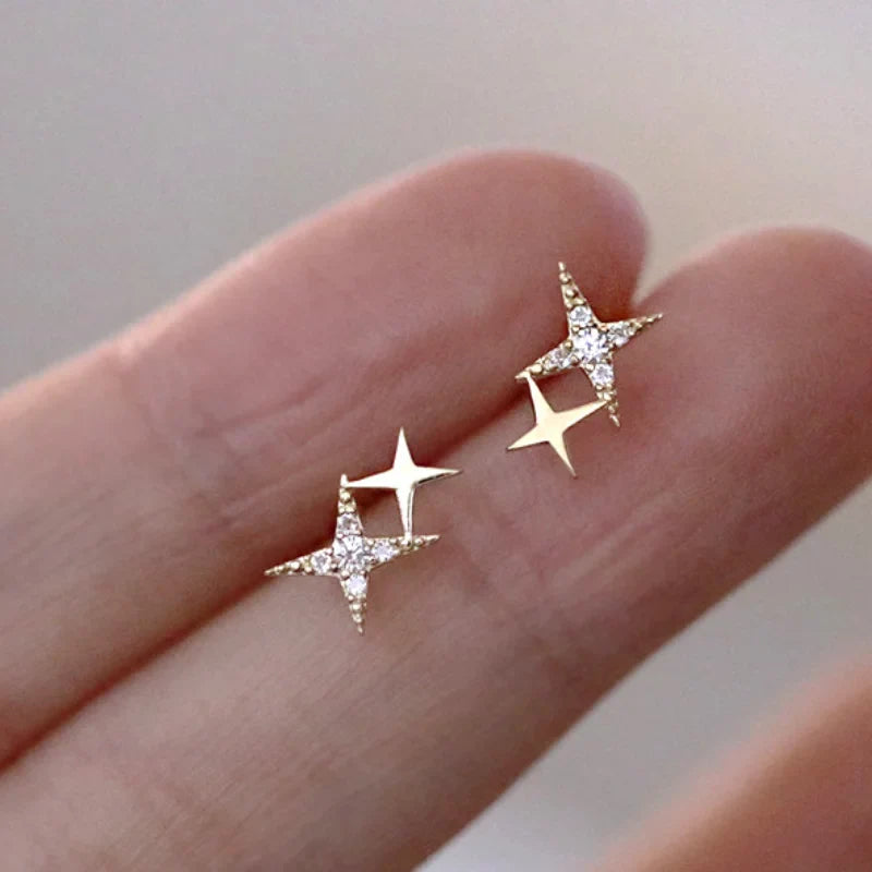 Double Star Stud Earrings with Gold Zircon