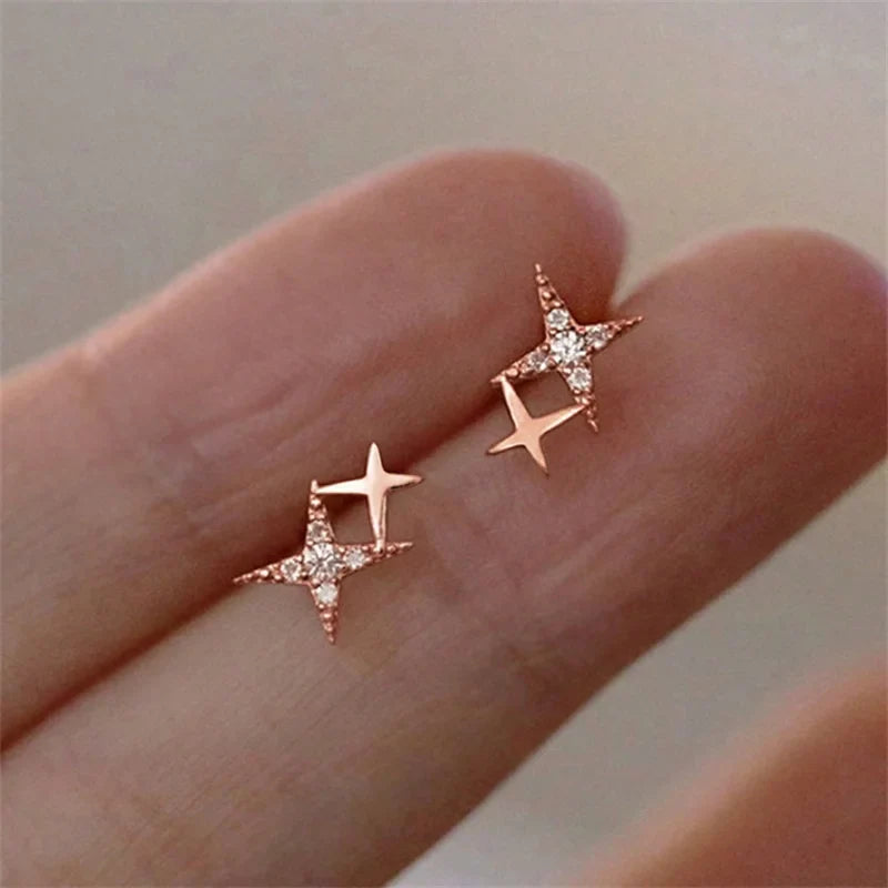 Double Star Stud Earrings with Rose Gold Zircon
