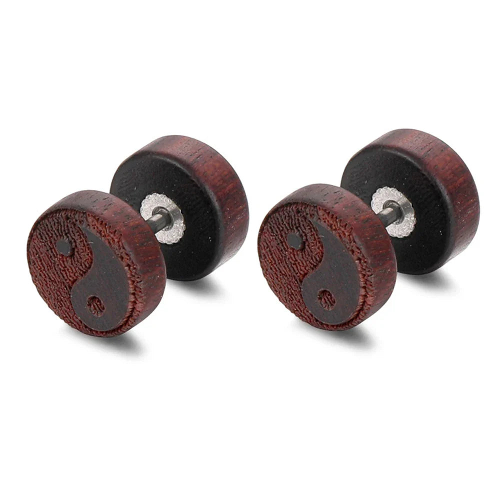 Brown Yin Yang Wooden Stud Earrings