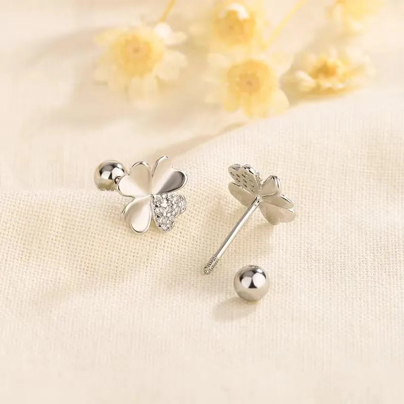 Four-Leaf Clover Leaf Stud Earrings with Zircon