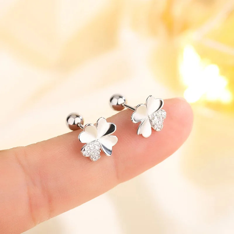 Four-Leaf Clover Leaf Stud Earrings with Zircon
