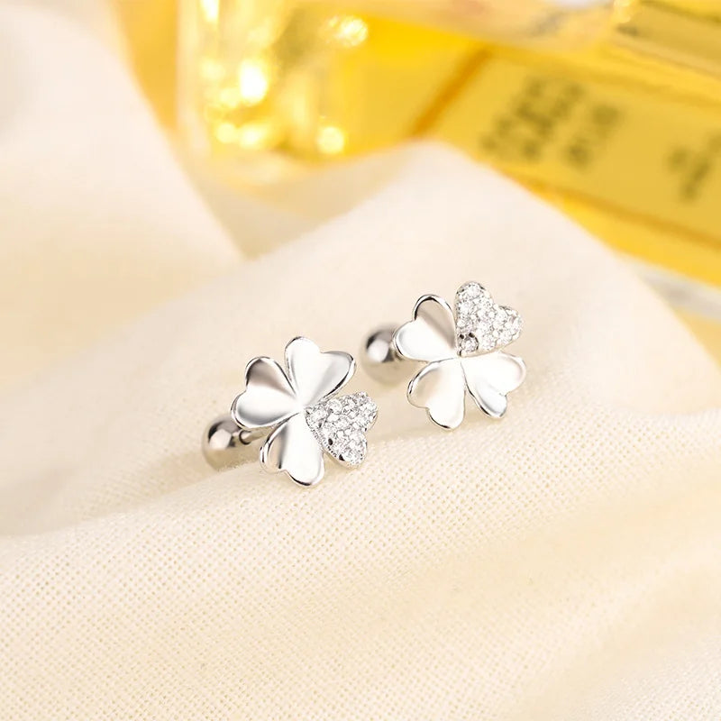Four-Leaf Clover Leaf Stud Earrings with Zircon