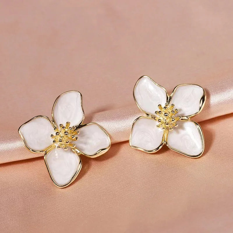 Hibiscus Flower Stud Earrings with White Pearly Petals