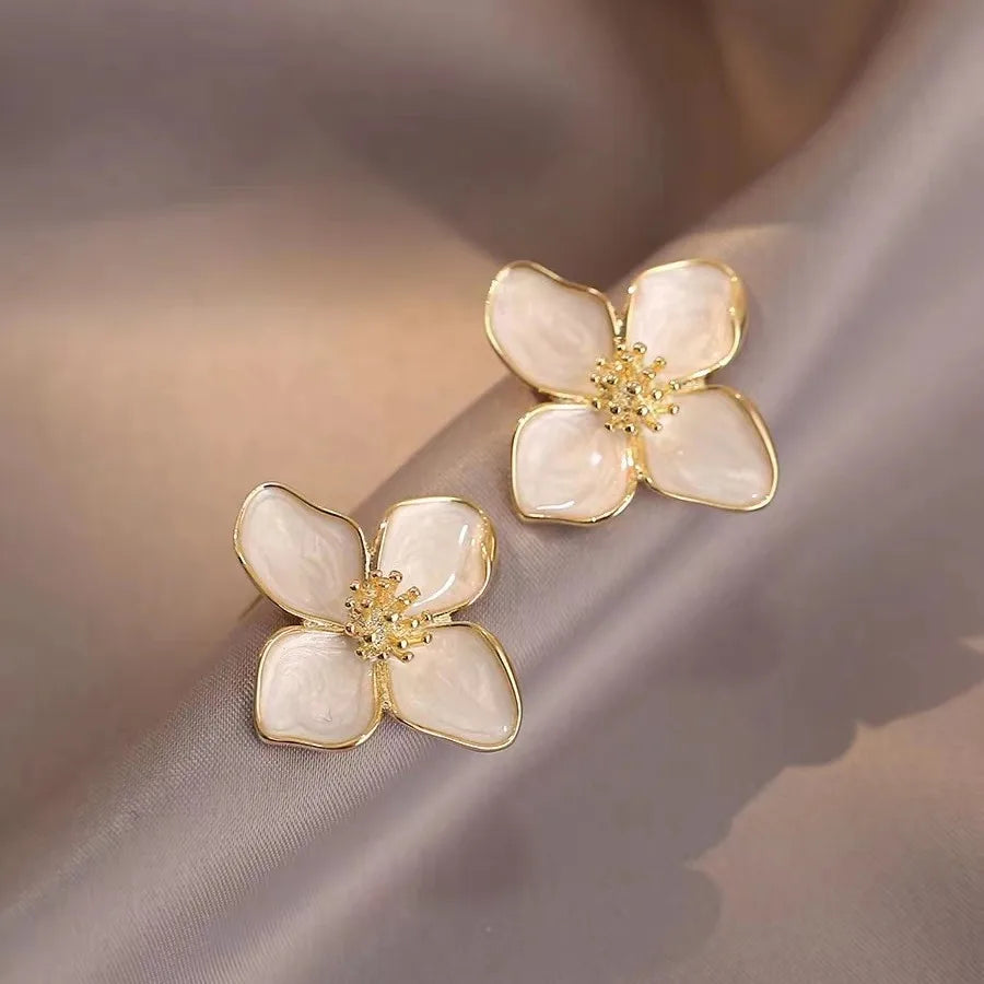 Hibiscus Flower Stud Earrings with White Pearly Petals