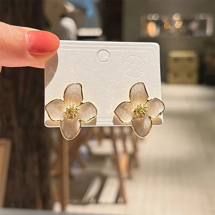 Hibiscus Flower Stud Earrings with White Pearly Petals