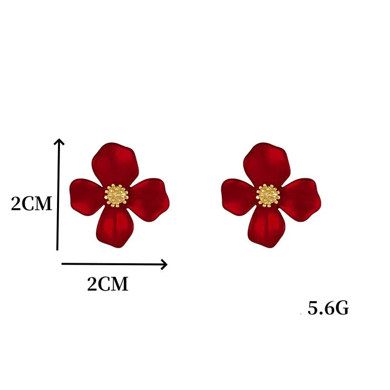 Four-Petal Flower Stud Earrings dark red