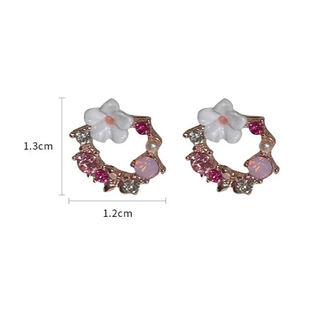 Stud Earrings Flower and Pink Pearl