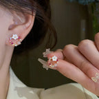 Stud Earrings Flower and Pink Pearl