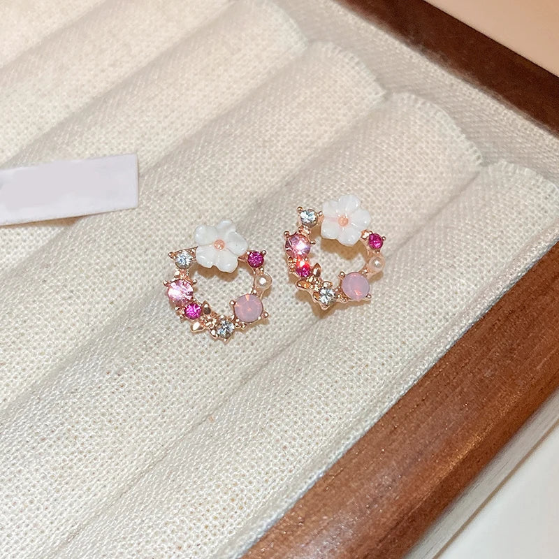 Stud Earrings Flower and Pink Pearl