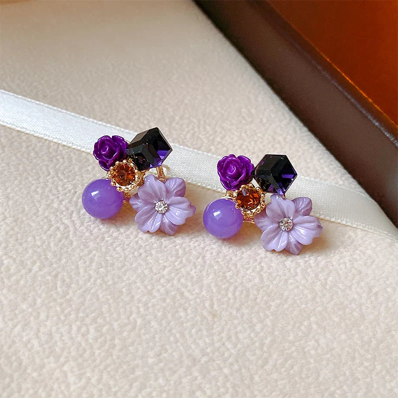 Stud Earrings Flower and Purple Pearl 1