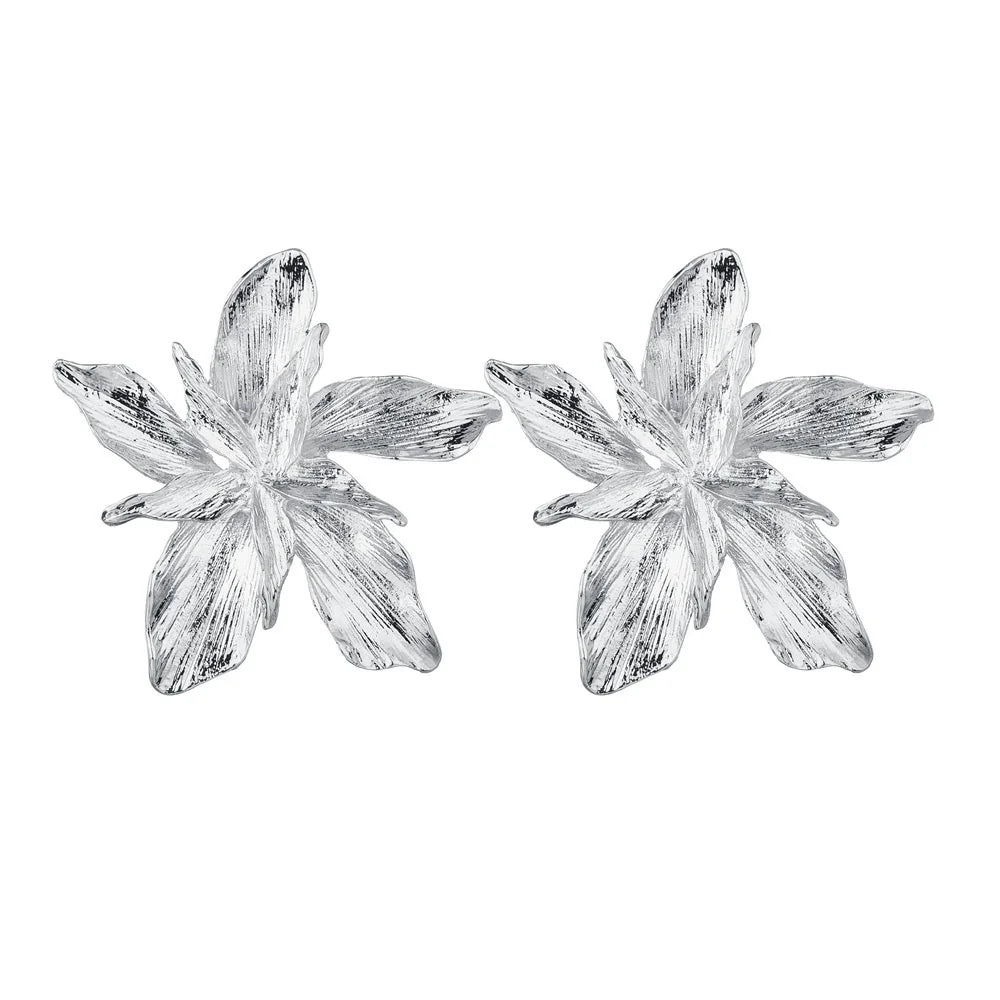 Large Asymmetric Flower Stud Earrings silver