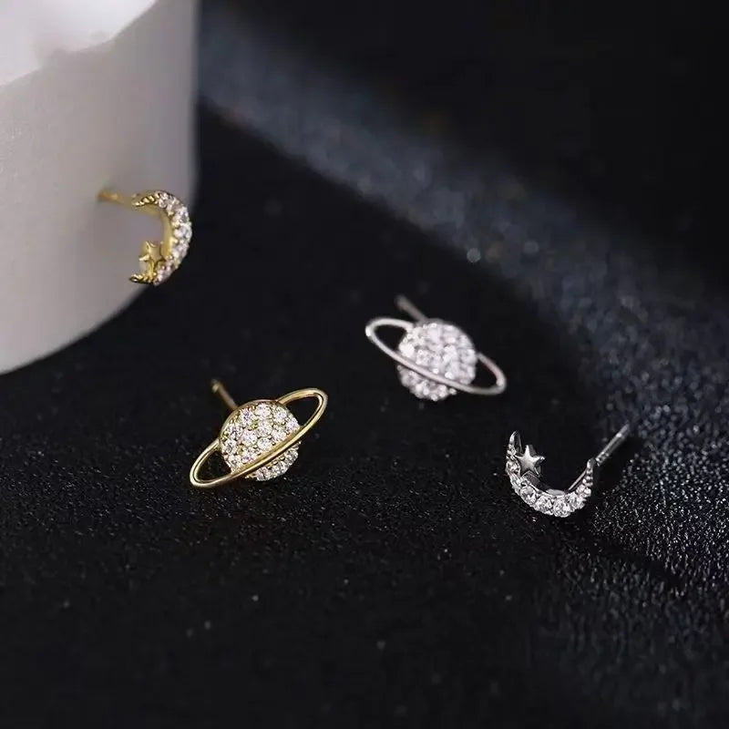 Moon and Sphere Stud Earrings in Silver Zircon