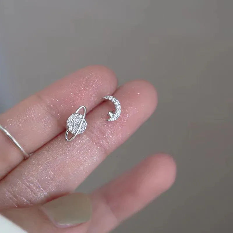 Moon and Sphere Stud Earrings in Silver Zircon