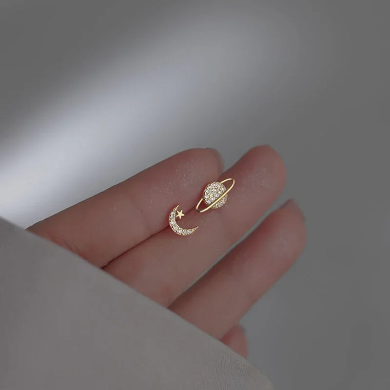 Moon and Sphere Stud Earrings in Gold Zircon