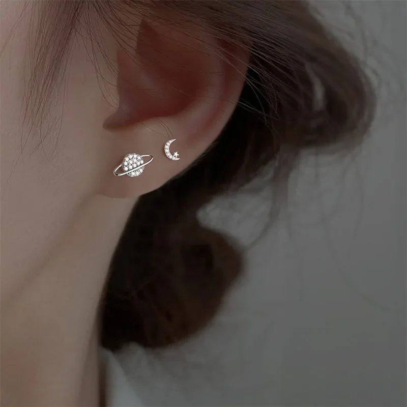 Moon and Sphere Stud Earrings in Silver Zircon