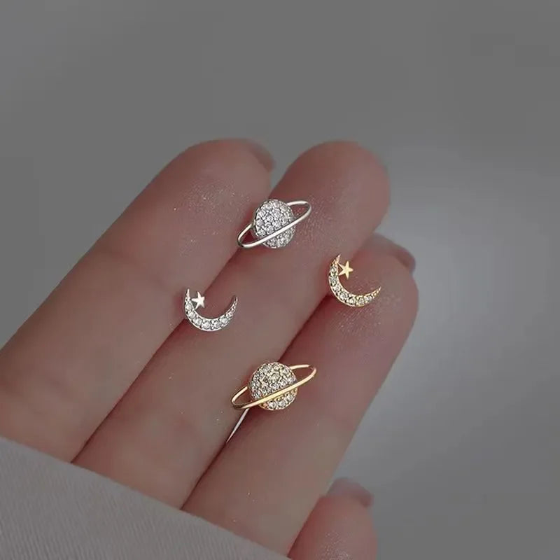 Moon and Sphere Stud Earrings in Gold Zircon