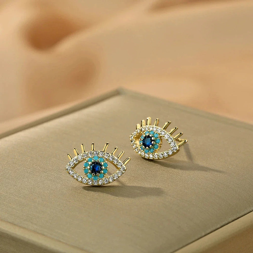 Blue Eye Stud Earrings with Rhinestones