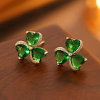 Emerald Green 3-Leaf Clover Stud Earrings with Silver Zircon