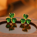 Emerald Green 3-Leaf Clover Stud Earrings with Gold Zircon