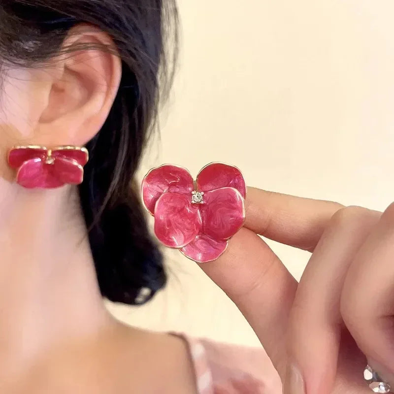 Four Petal Flower Stud Earrings Red