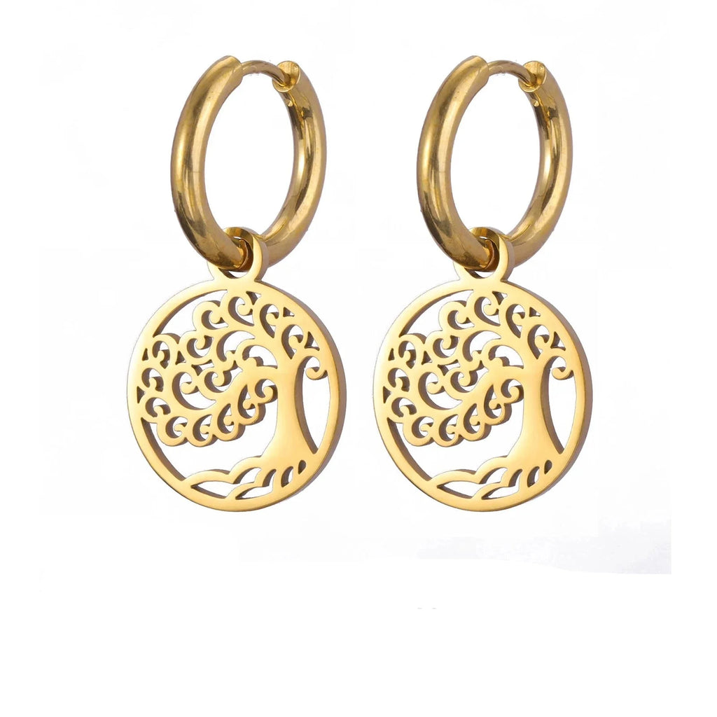 Gold Tree of Life Hoop Earrings Dangles