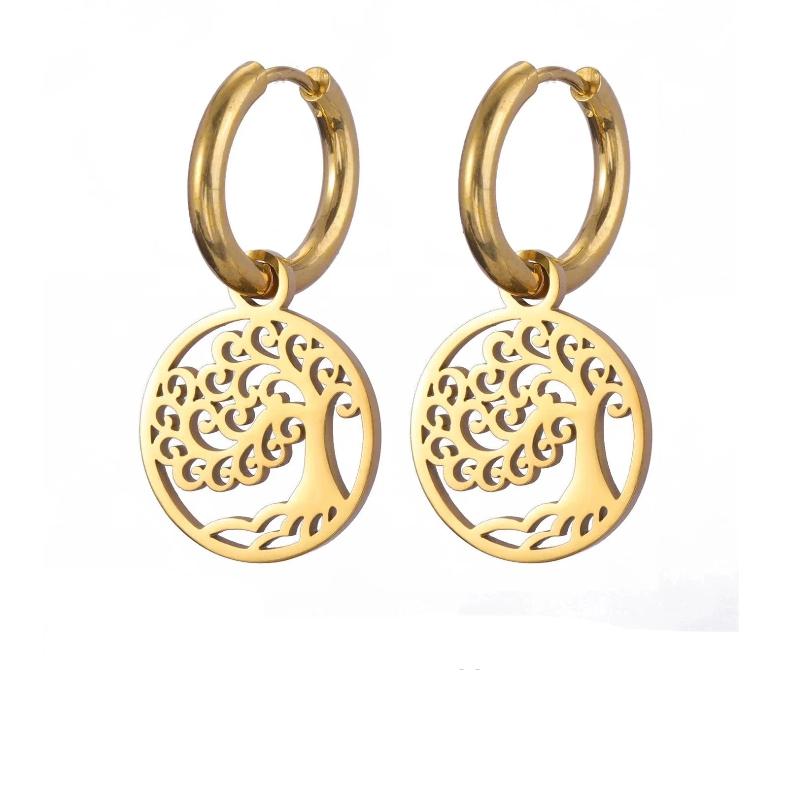 Gold Tree of Life Hoop Earrings Dangles