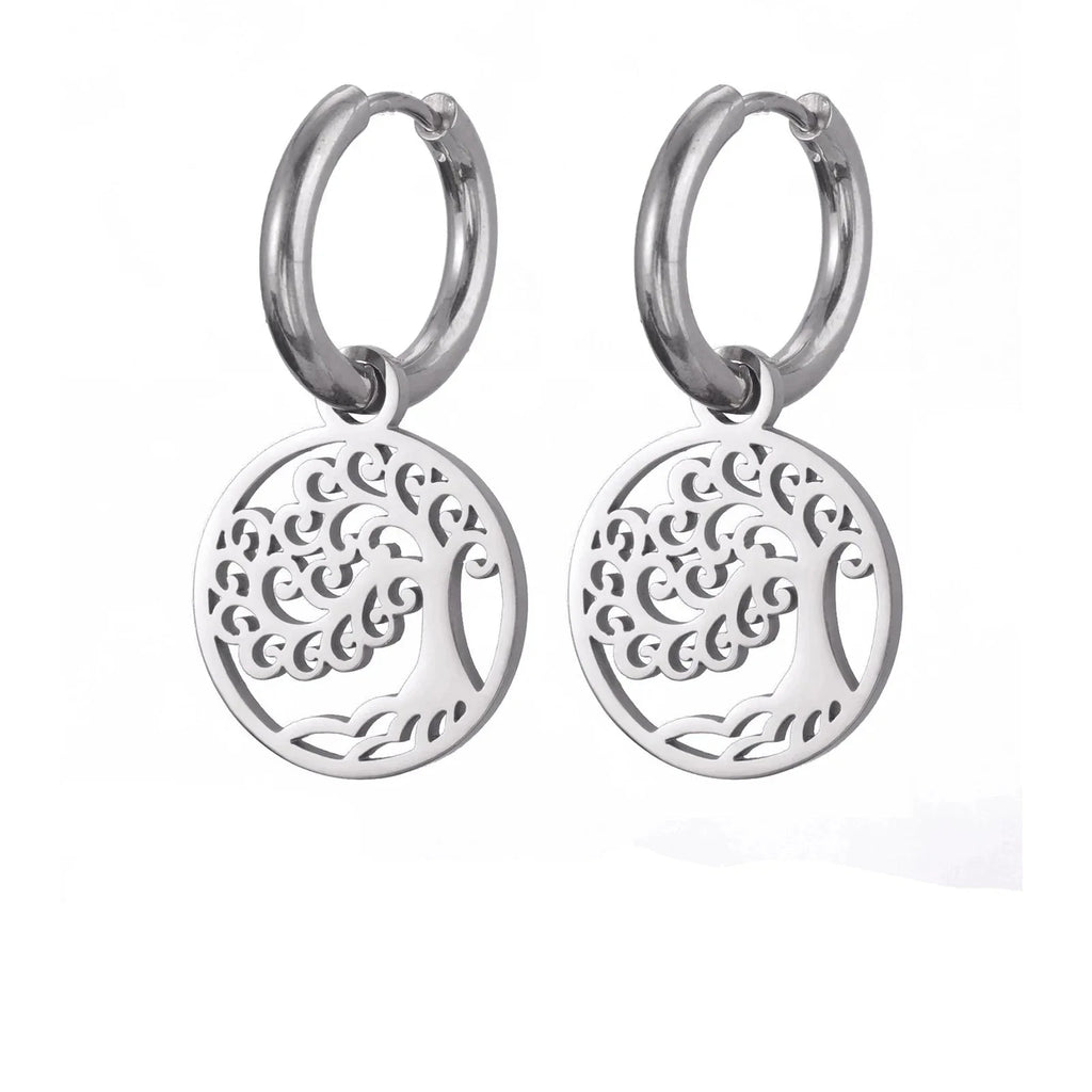 Silver Tree of Life Hoop Earrings Dangles