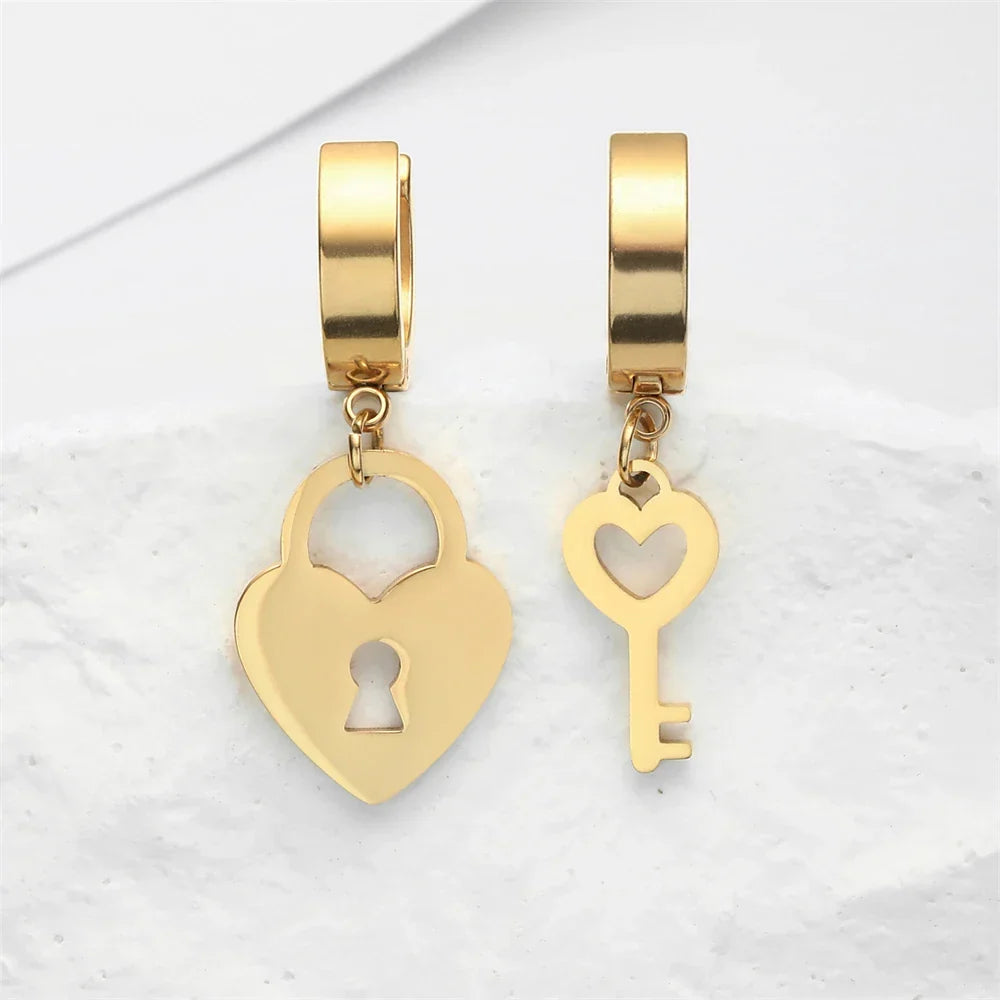 Key and lock hoop earrings gold