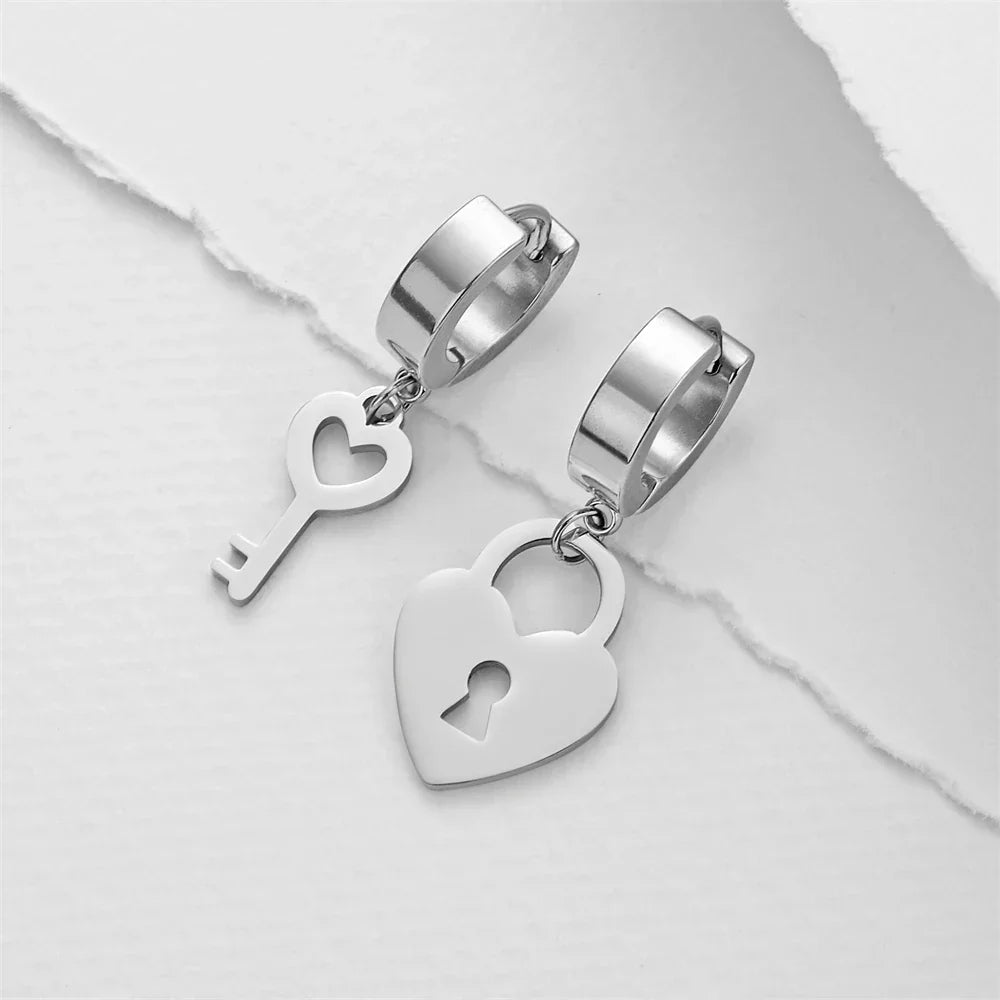 Key and lock hoop earrings silver