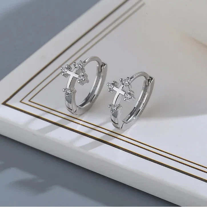 Jesus Cross Hoop Earrings with Zircon