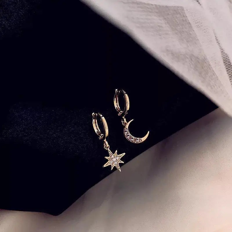 Star and Moon Hoop Earrings with Gold Zircon