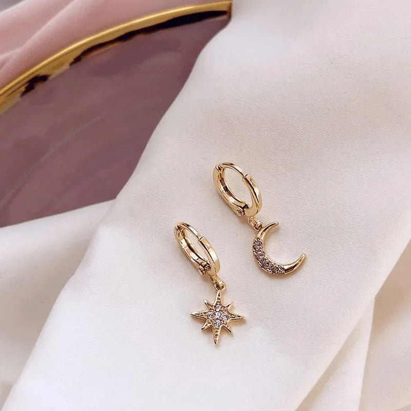 Star and Moon Hoop Earrings with Gold Zircon