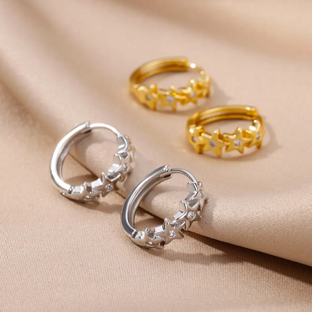 Star Hoop Earrings with Silver Zirconium
