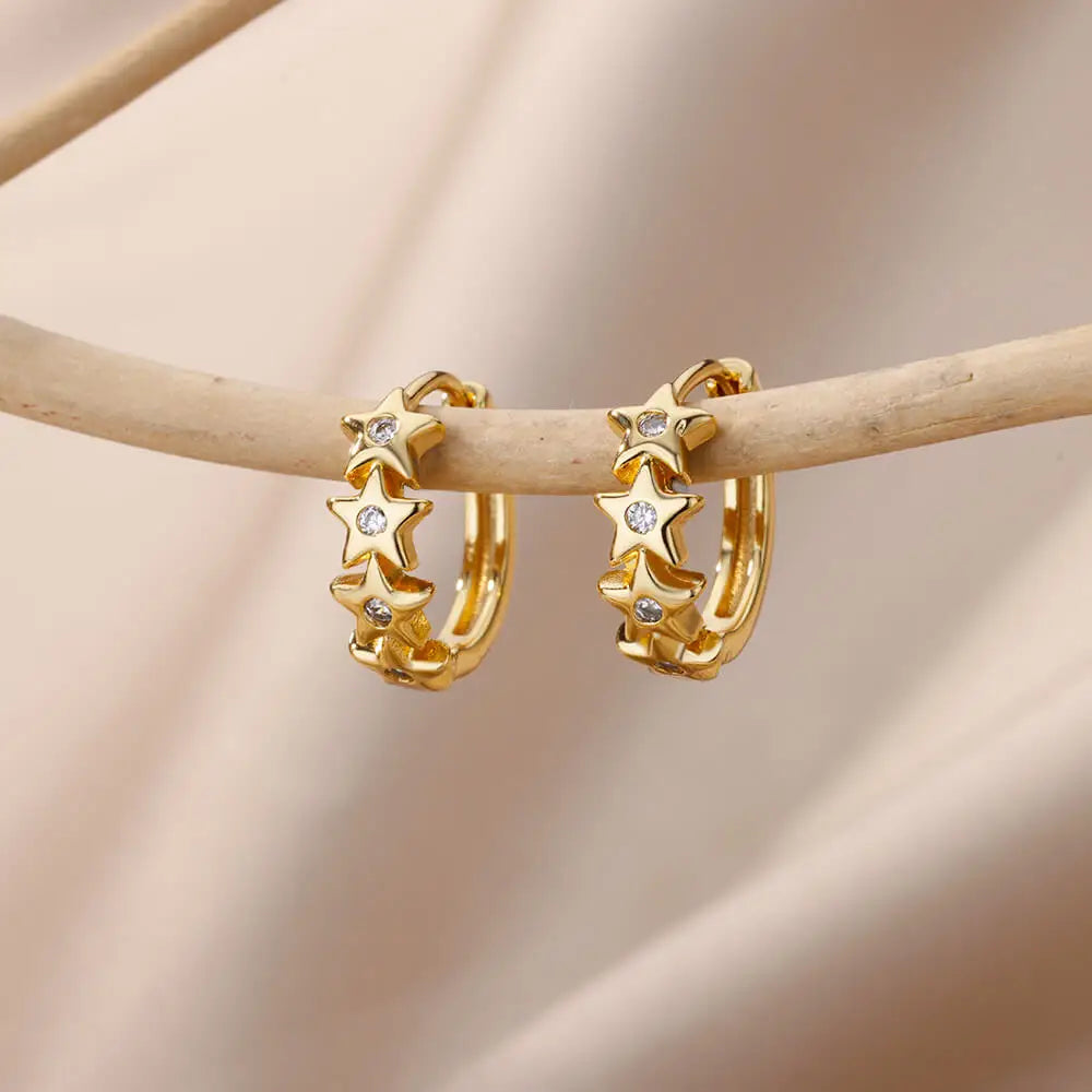 Star Hoop Earrings with Gold Zirconium