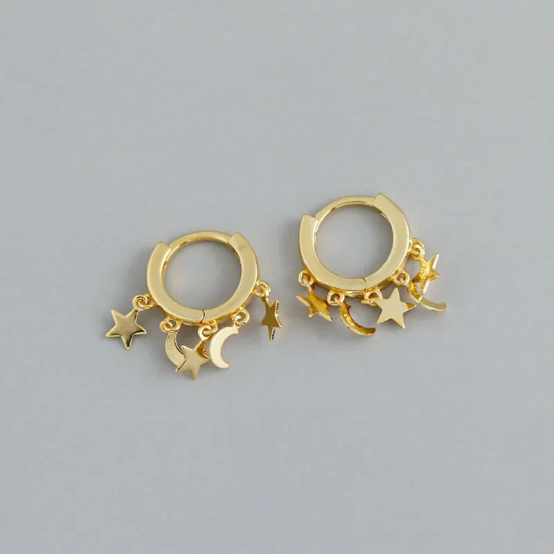 Gold Hanging Star and Moon Hoop Earrings
