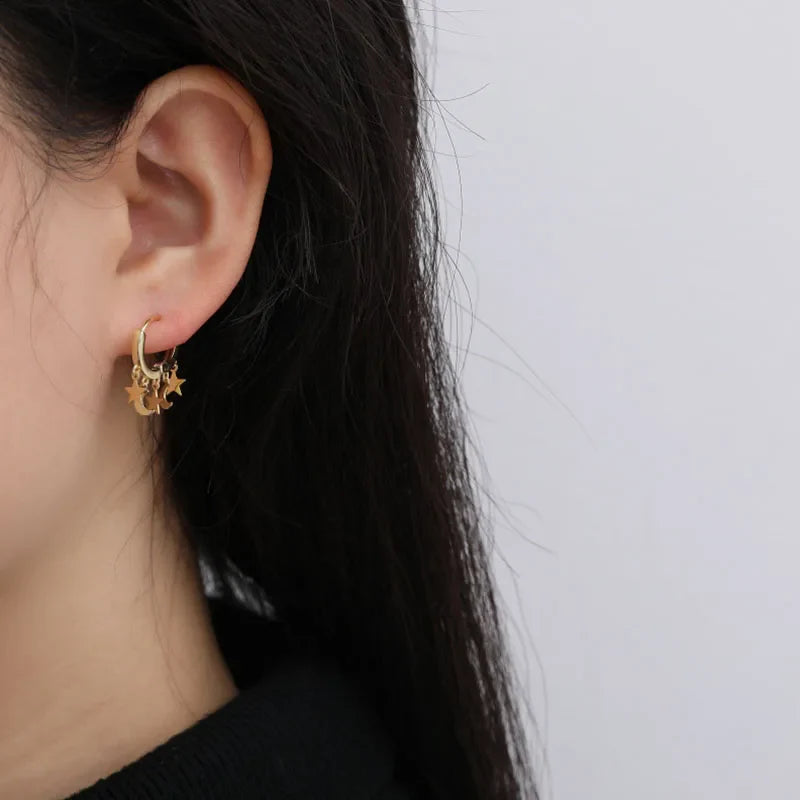 Gold Hanging Star and Moon Hoop Earrings