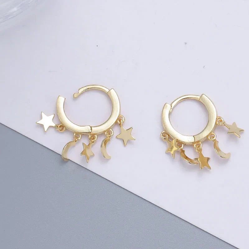 Gold Hanging Star and Moon Hoop Earrings